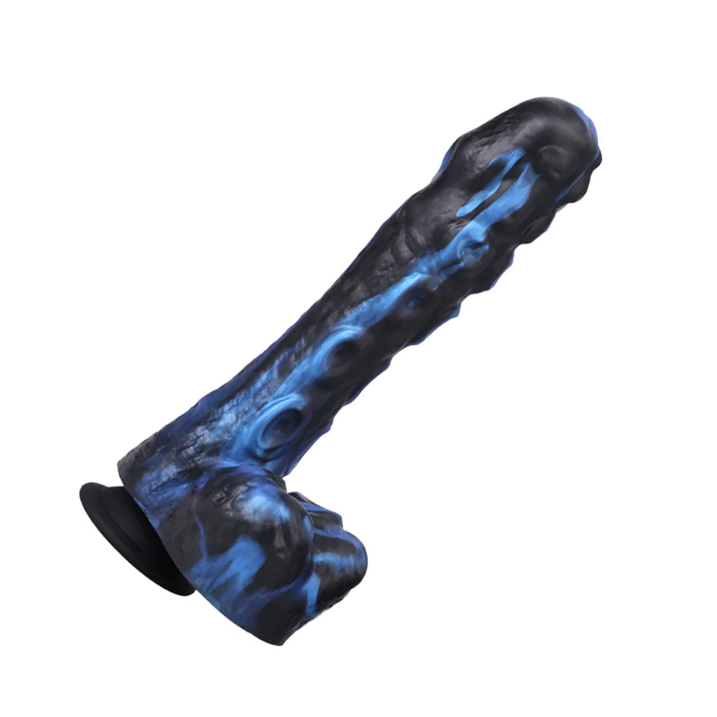 Black and blue textured object on a white background