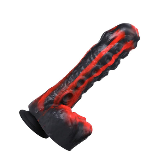 Black and red textured object on a white background