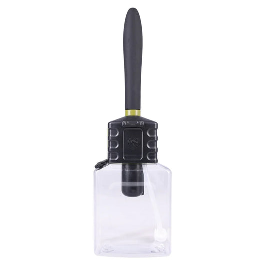 Clear spray bottle with black nozzle on a white background