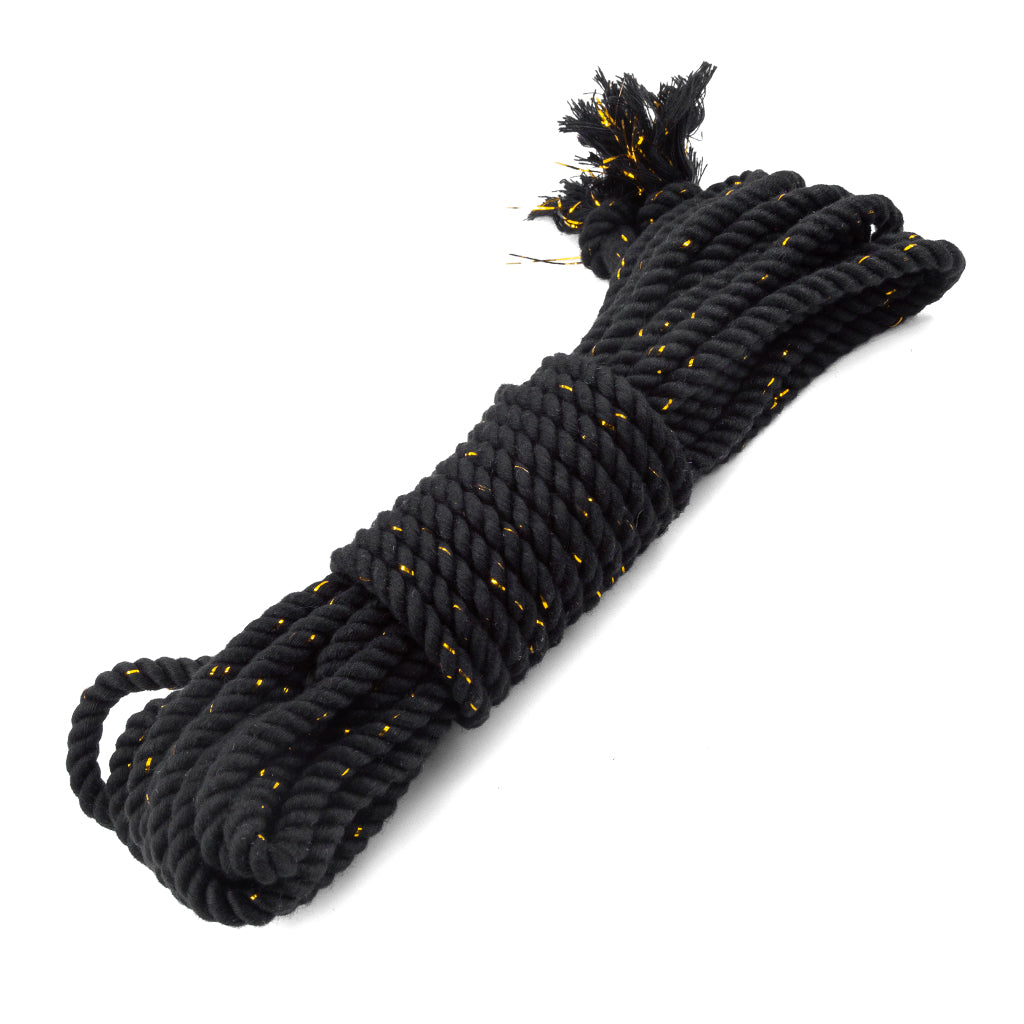 The black bamboo silk conductive rope is shown tied in a bundle on a white background. 