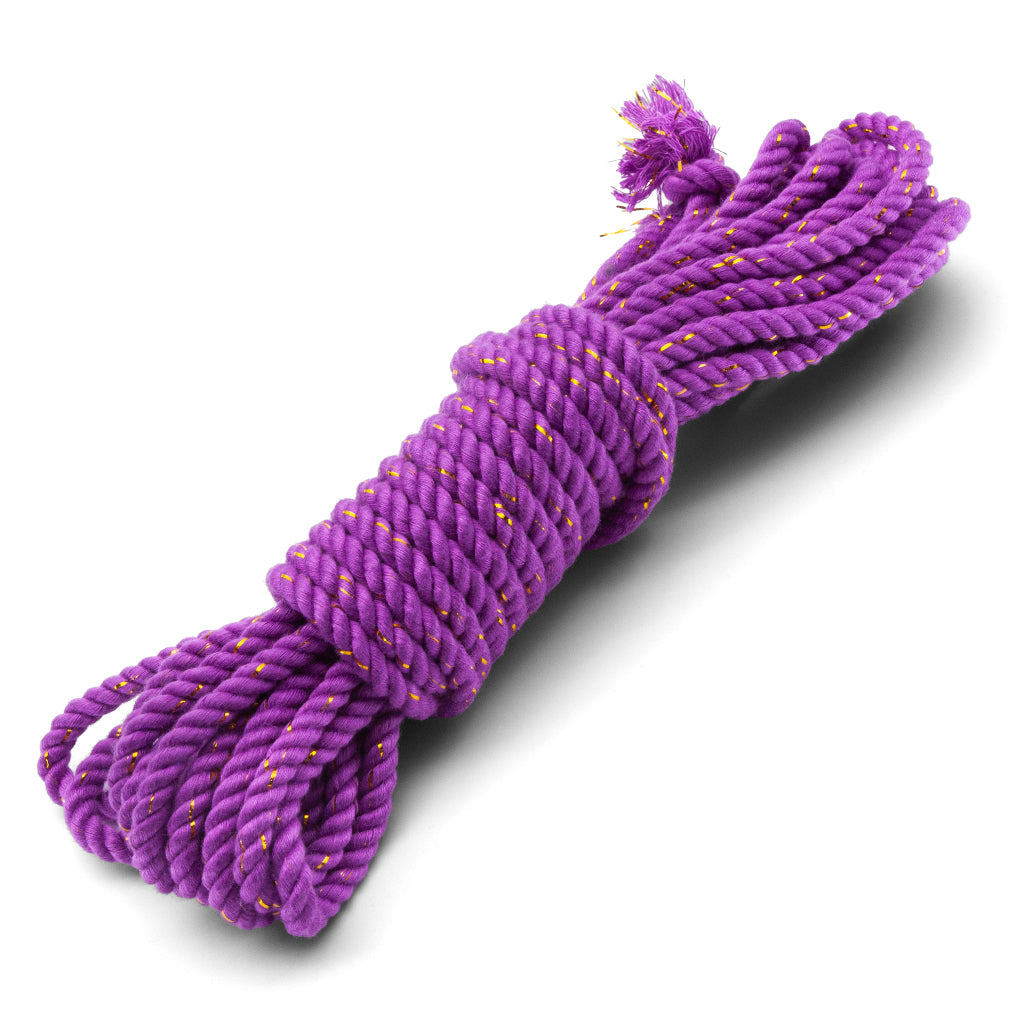 The purple bamboo silk conductive rope is shown tied in a bundle on a white background. 