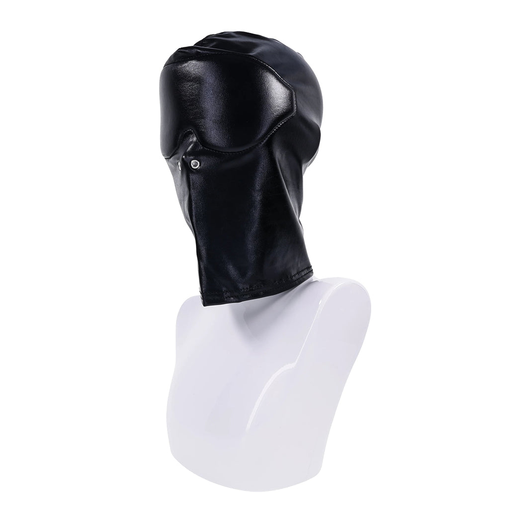 Black fabric hood on a white mannequin bust against a white background