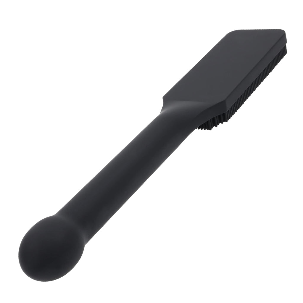 Black paddlbrush with silicone bristle head on a white background 