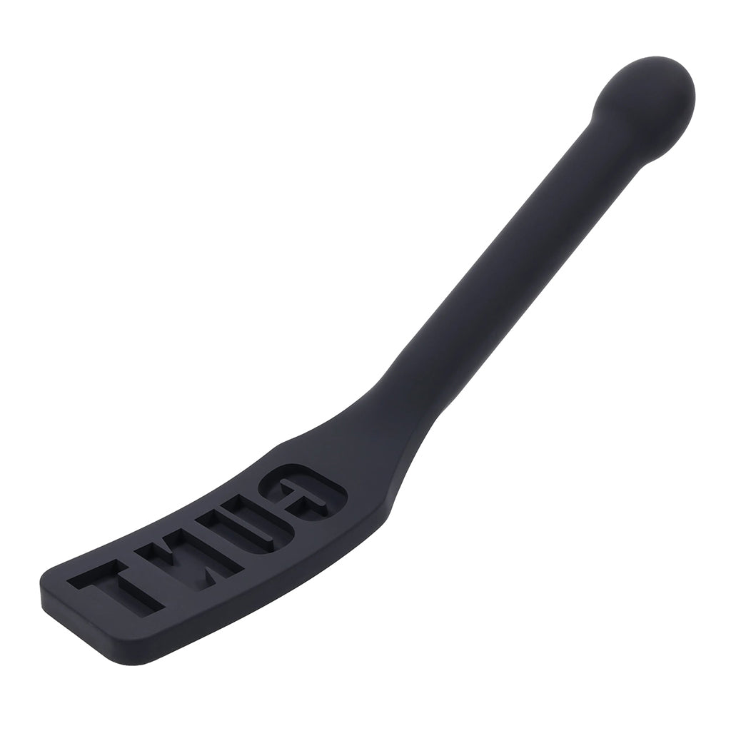 Black silicone paddle with letter branding on a white background