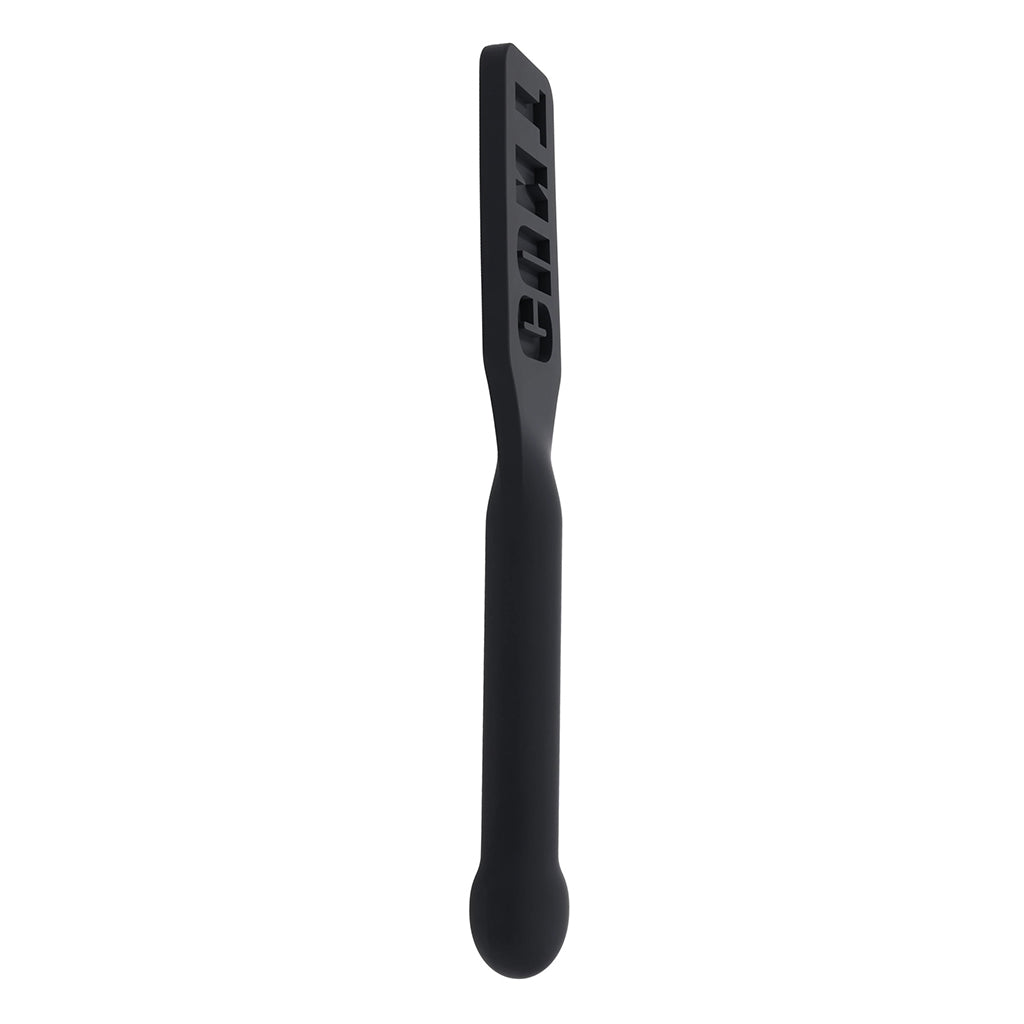 Black paddle with letter branding on a white background