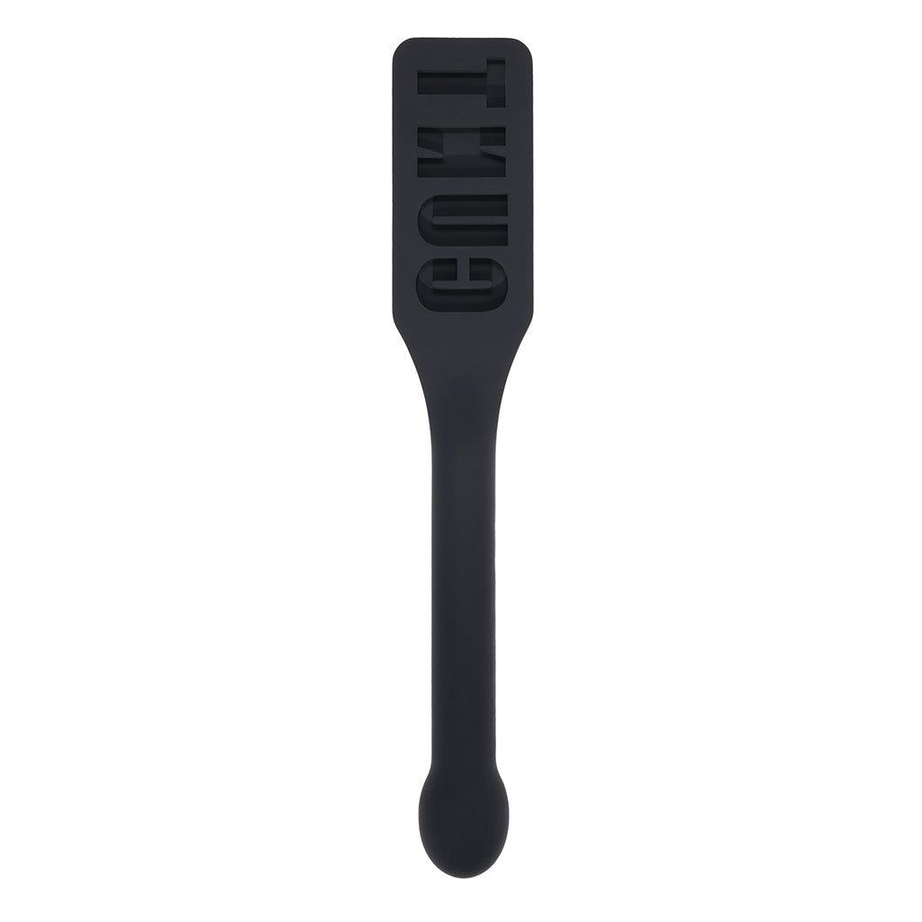 Black paddle with letter branding on a white background