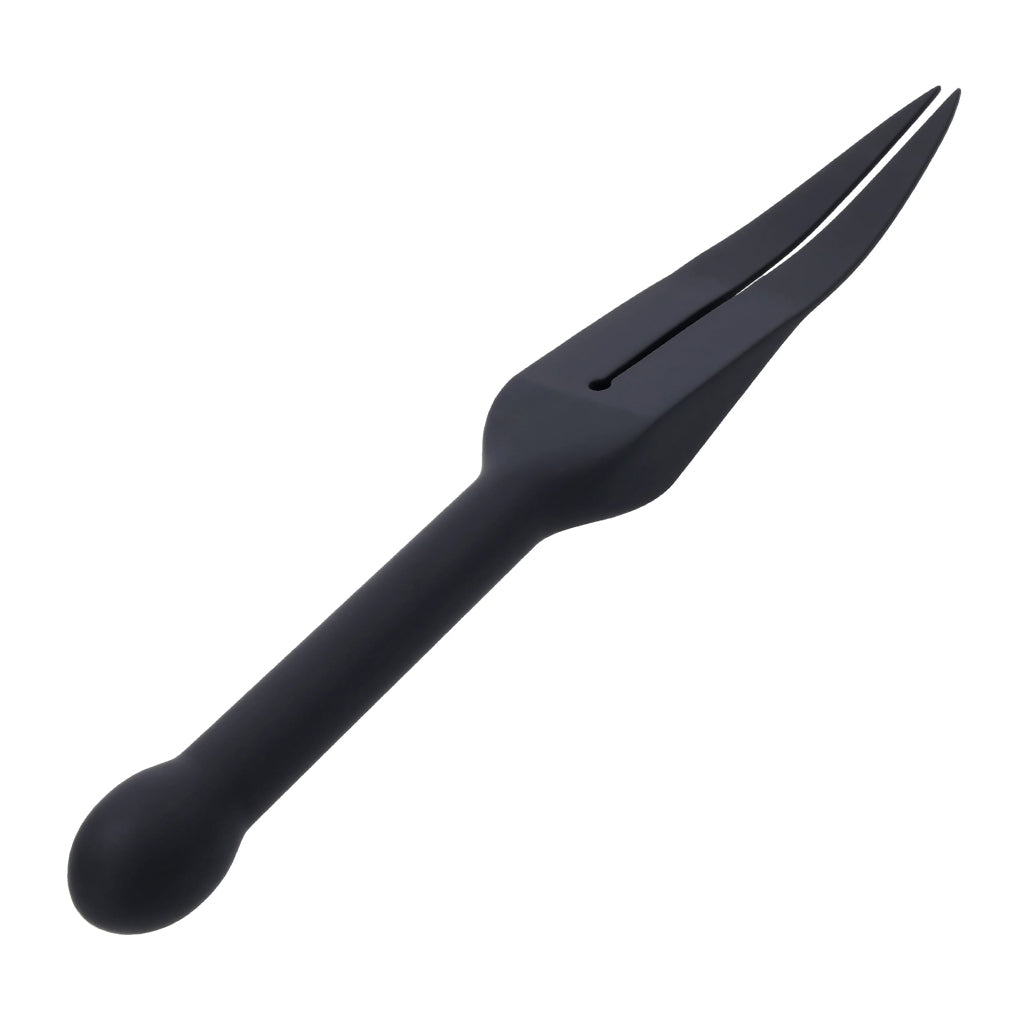 Black silicone tawse on a white background