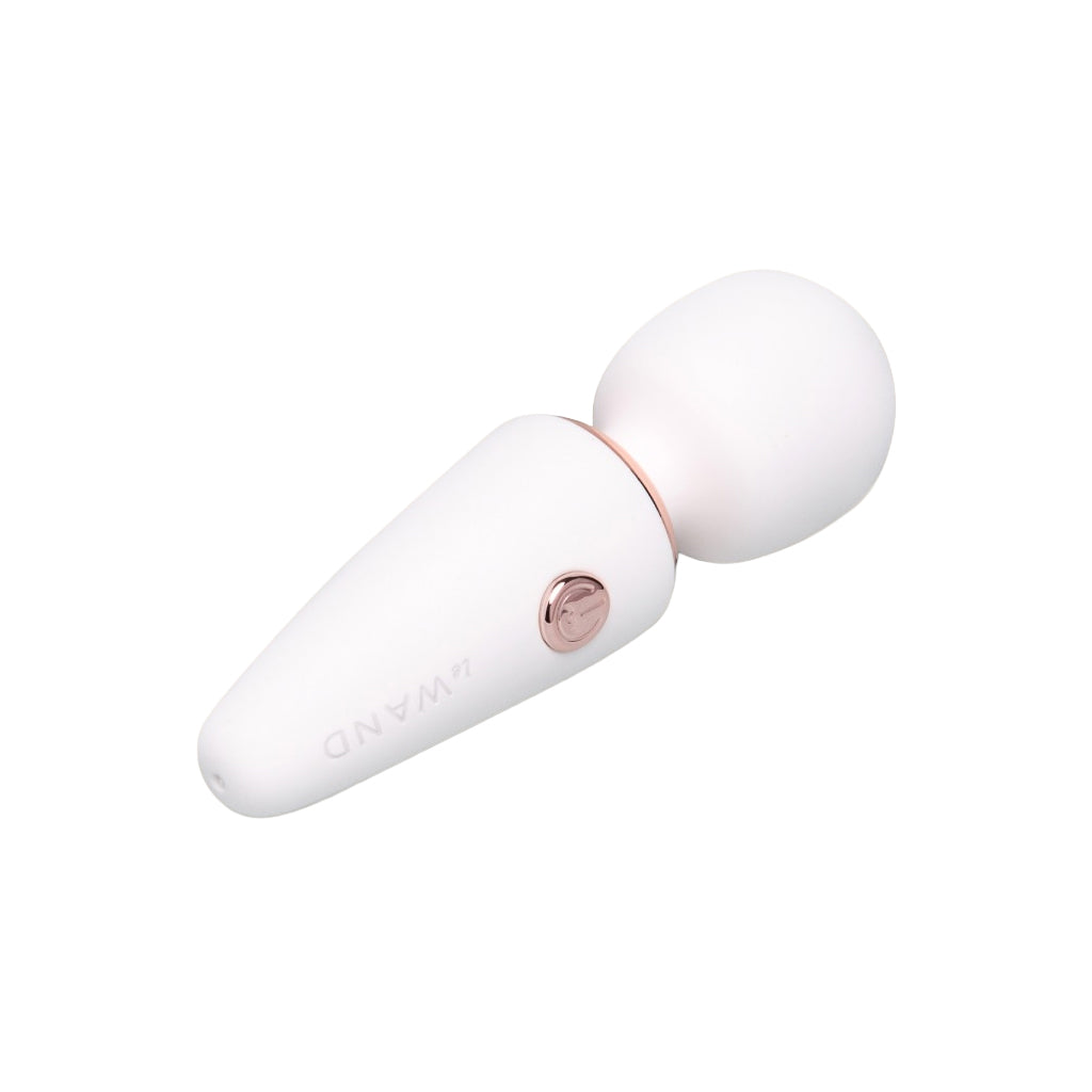 The white Le Wand mini micro vibrator is shown on a white background