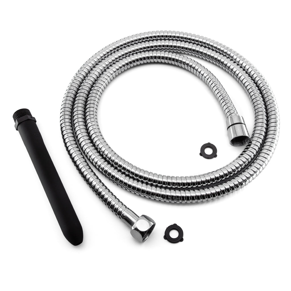 The disassembled Hydroshot travel douching hose kit is shown on a white backgrown 