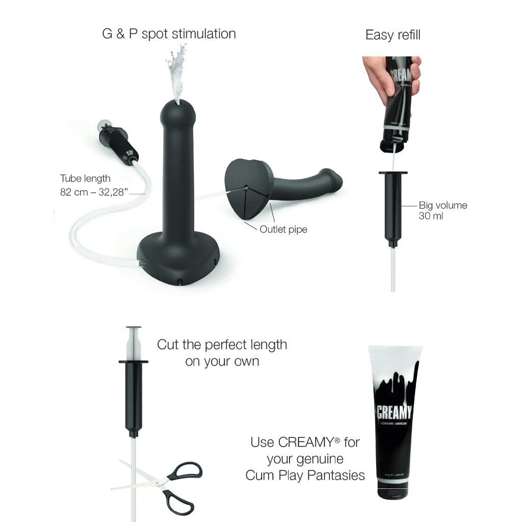 insructions for the The strap-on-me semi-realistic squirting dildo are shown on a white background.