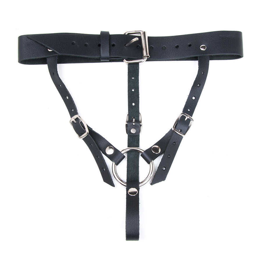The Ultimate 3 Strap Leather Dildo Harness in black is displayed against a blank background. All of the straps are adjustable and fasten with metal buckles. There is a metal O-ring in the center of the harness, held in place with snap closures.