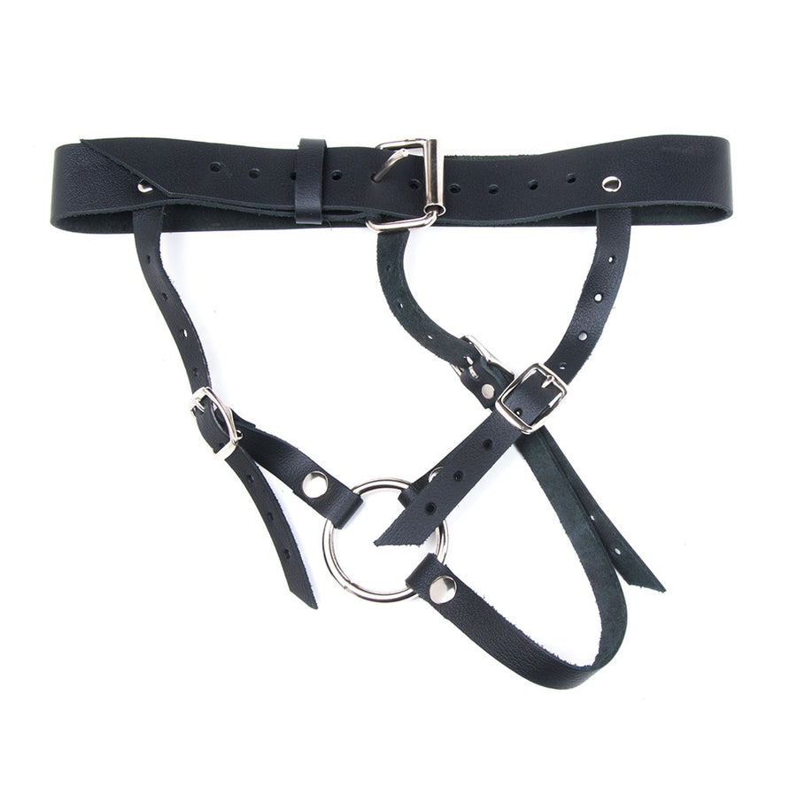 The Ultimate 3 Strap Leather Dildo Harness in black is displayed against a blank background.