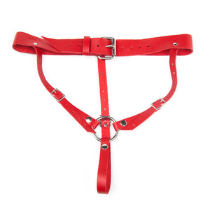 The Ultimate 3 Strap Dildo Harness in red leather is displayed against a blank background.