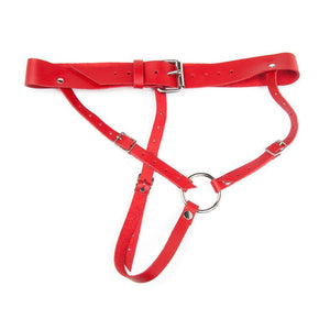 The Ultimate 3 Strap Dildo Harness in red leather is displayed against a blank background.