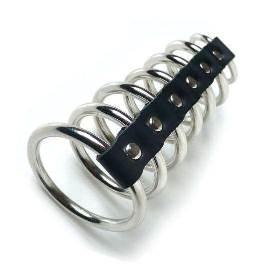 The 7 Gates of Hell is displayed against a blank background. It consists of 7 metal O-rings, gradually decreasing in size, held together and spaced apart by a black leather strip.