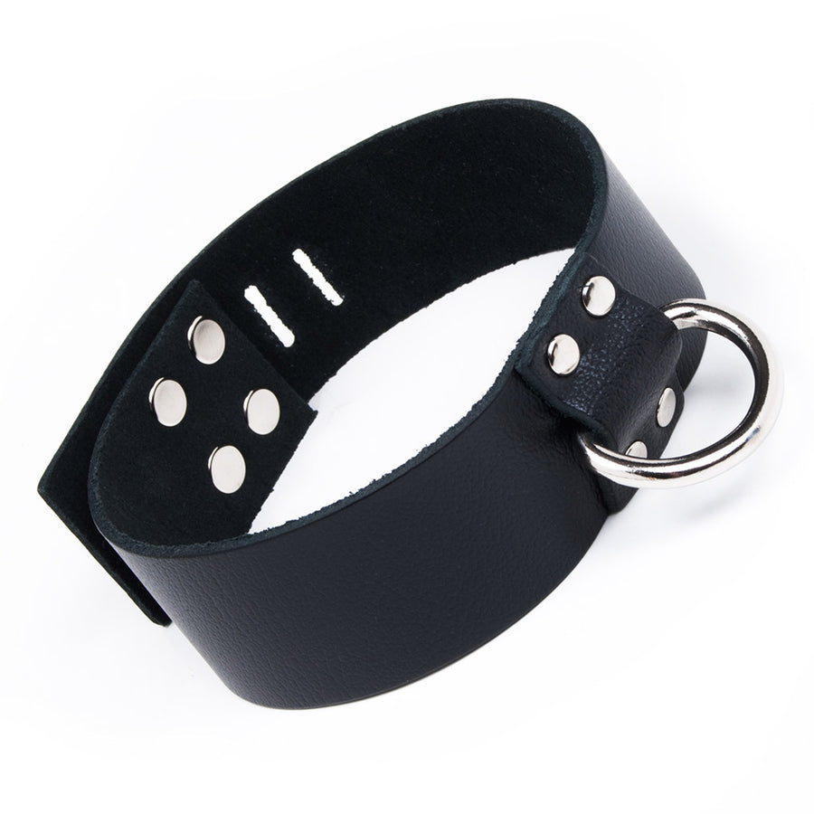 The Locking Leather Collar is shown against a blank background. It is made of black leather with metal hardware. One end of the collar is notched, making it adjustable. It has a D-ring in the center.