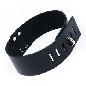 The Locking Leather Collar is shown from the back against a blank background, showing the notched end of the collar and the lockable D-ring.