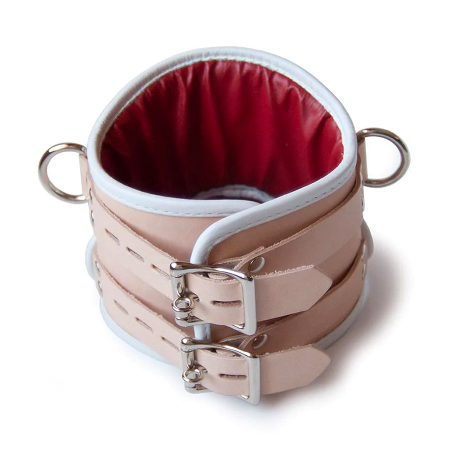 The Deluxe Padded Medical Leather Posture Collar is shown from behind. The collar has two adjustable straps and lockable buckles, stacked vertically.