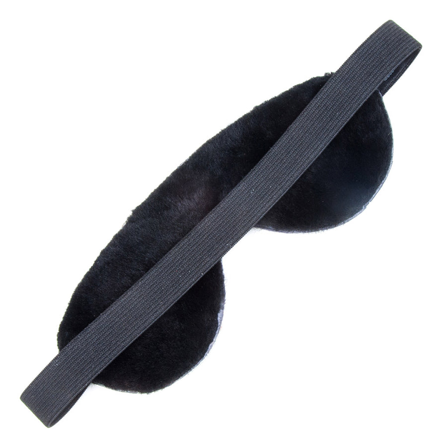 The back of the Fleece-Lined Leather Blindfold is shown against a blank background. The interior of the blindfold is lined with black fleece.