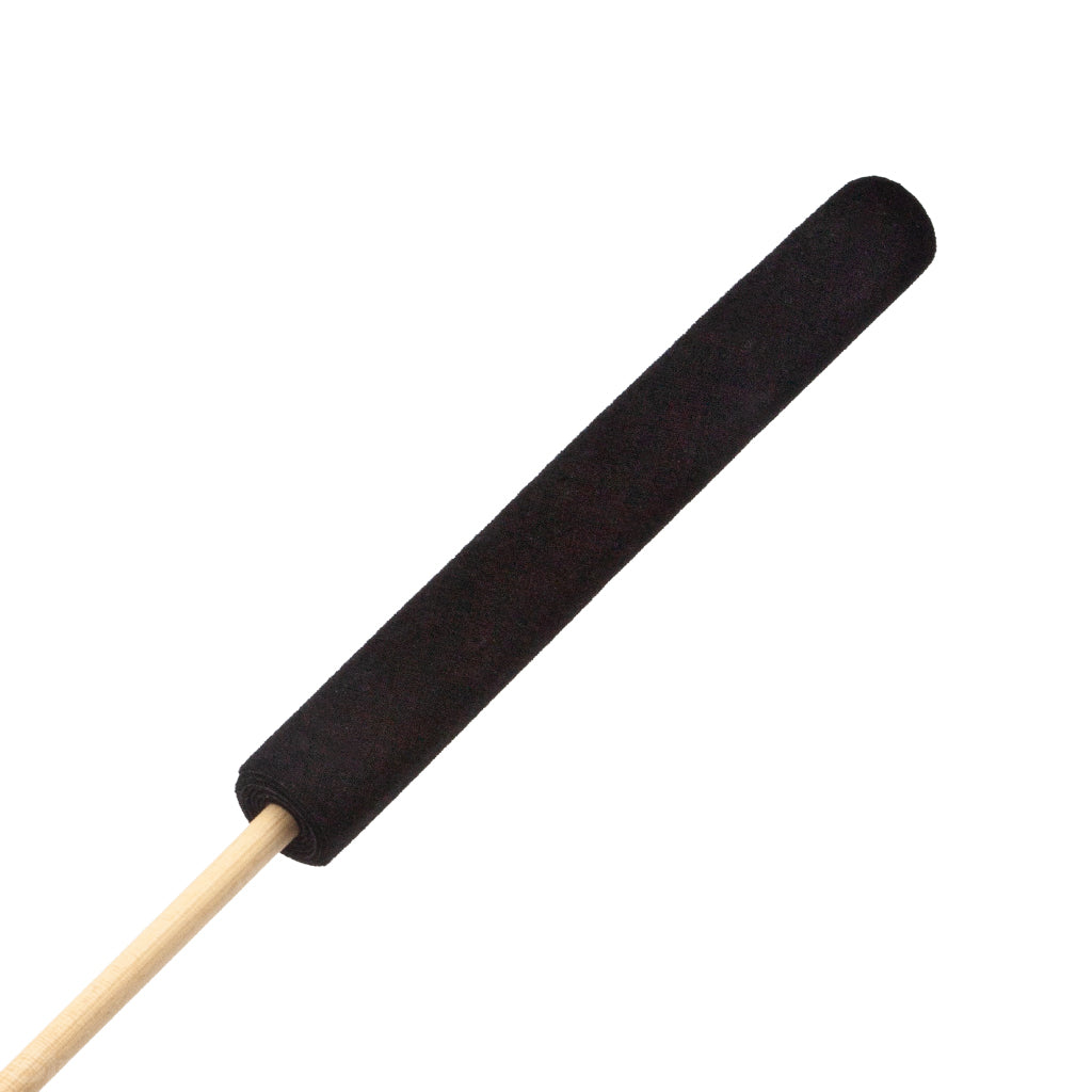 The handle of the rattan cane with suede handle is shown on shown on a white background. 