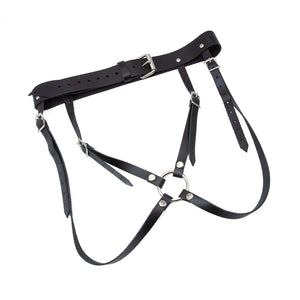 The black leather Ultimate 4-Strap Dildo Harness is displayed against a blank background. It has a thick, belt-style waistband and thinner straps securing the O-ring and going around the legs.