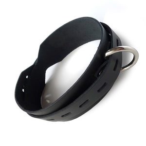 The BDSM Black Leather Collar with Locking Buckle is shown against a blank background.