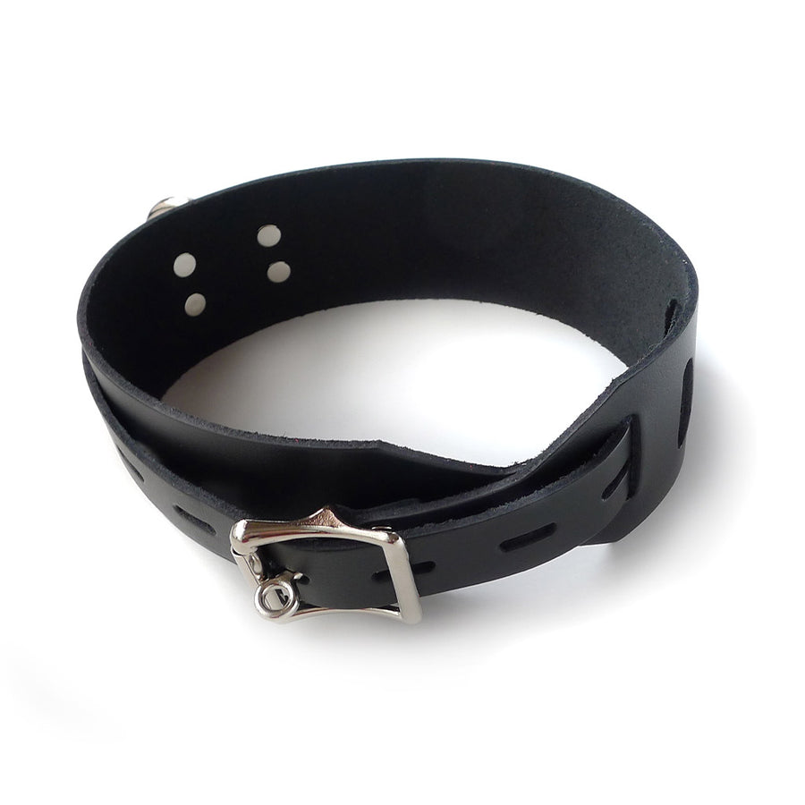 The BDSM Black Leather Collar with Locking Buckle is shown from the back against a blank background. The collar is adjustable and has a metal locking buckle.