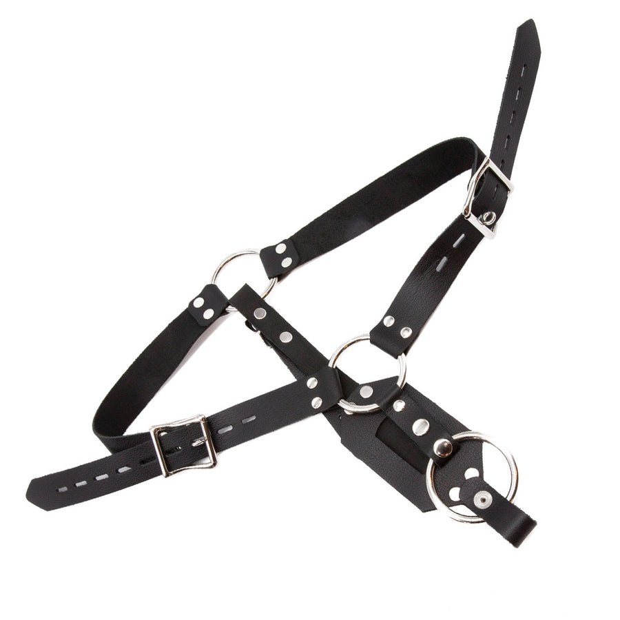 The black leather Anal Plug Harness for Men is displayed against a blank background. It consists of a waistband with two buckling straps and one band that runs between the legs, which has a wide piece of leather where a plug can be inserted.
