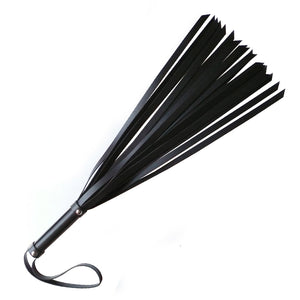 The 18-inch Basic Leather BDSM Flogger is shown against a blank background. The handle is a cylinder wrapped in black leather with a black wrist loop at the end. The falls are black leather strips with slightly angled tips.