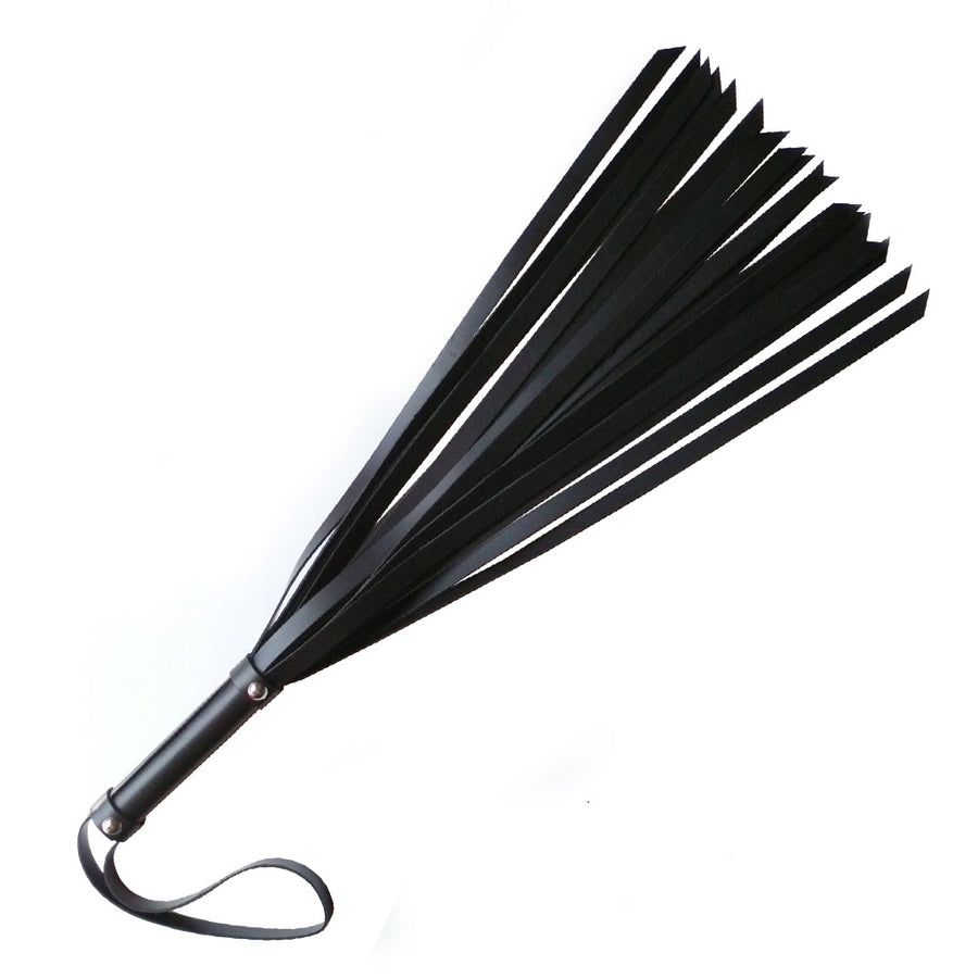 The 18-inch Basic Leather BDSM Flogger is shown against a blank background. The handle is a cylinder wrapped in black leather with a black wrist loop at the end. The falls are black leather strips with slightly angled tips.