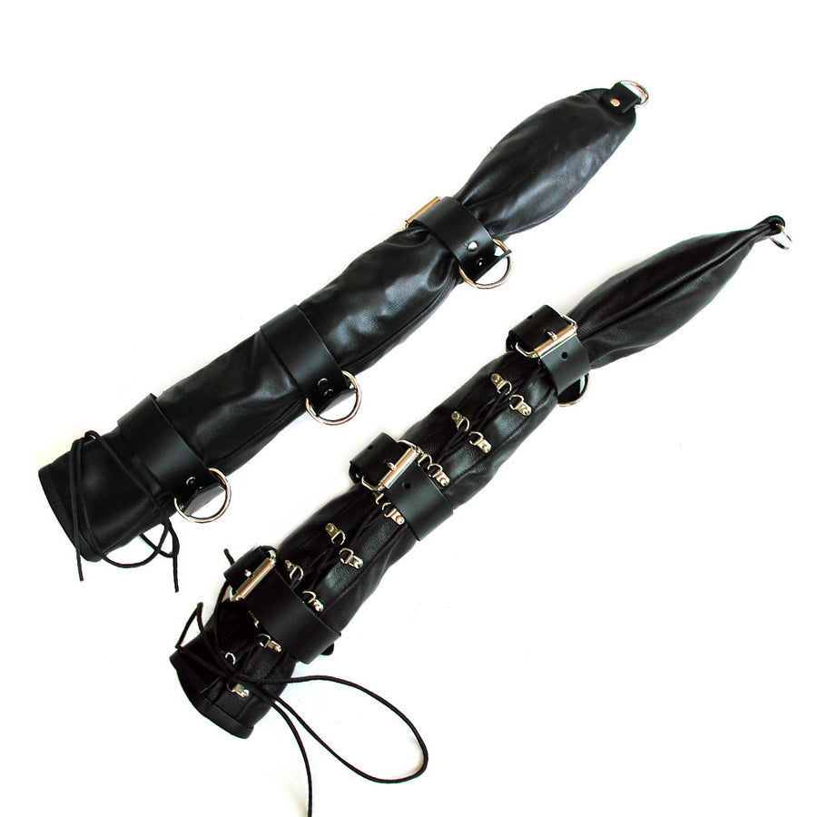 The Bondage Opera Glove, made of black leather with silver hardware, is shown against a blank background. The hands do not have defined fingers. The glove laces from the wrist to the top of the arms and has buckles at the arm's top, middle, and bottom.