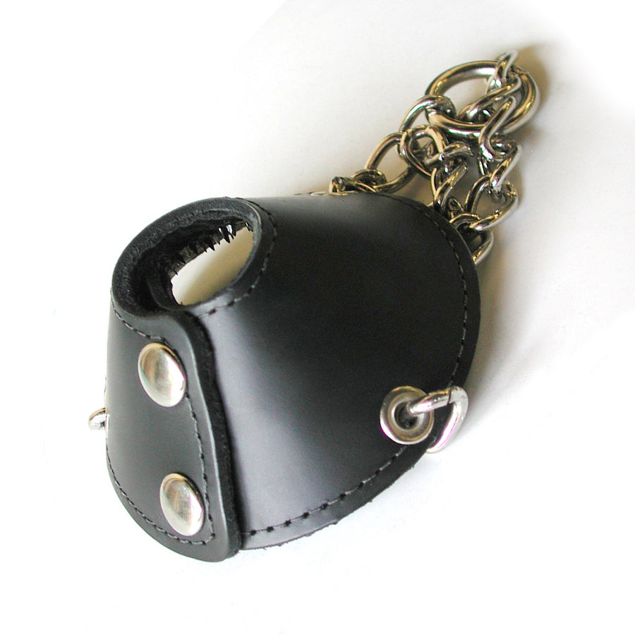 The Spiked Parachute Ball Stretcher is shown against a blank background. It is made of black leather that attaches via snaps into a cone shape. The silver chain that hangs from the stretcher is gathered behind it.