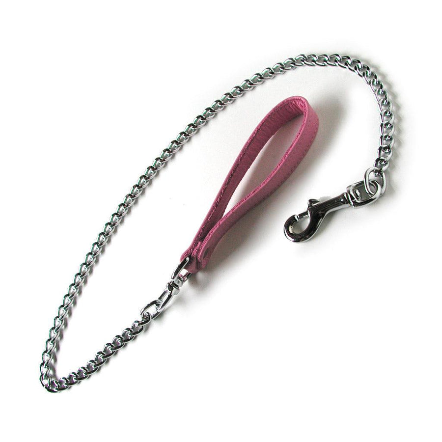 The BDSM Chain Leash with a Pink Leather Handle is shown against a blank background. The leash is made of a long silver chain with a snap hook on one end and a light pink leather handle on the other.
