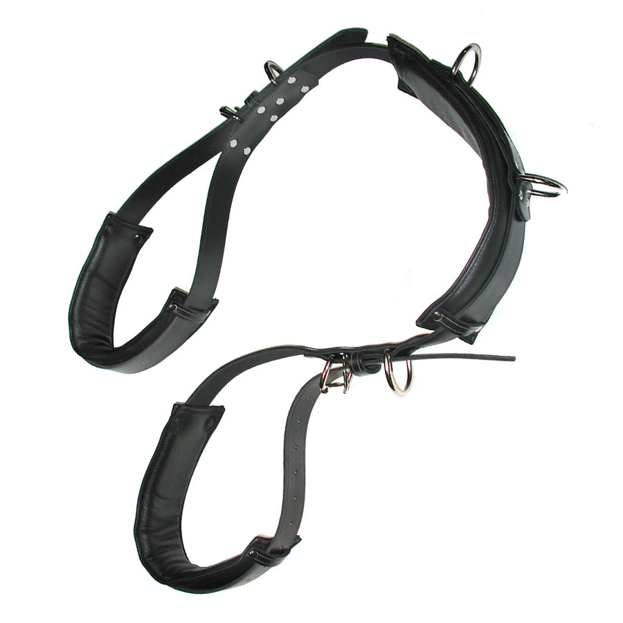 The Deluxe Portable Leather Thigh Sling is shown against a blank background. The loops' bottom interior and the sling's middle are padded.