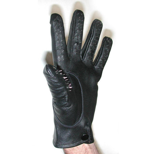 A man’s hand wearing a Vampire Glove is displayed against a blank background. The gloves are wrist-length and made of black leather with a black snap fastener on the wrist. The inner parts of the fingers are covered in small, silver spikes.