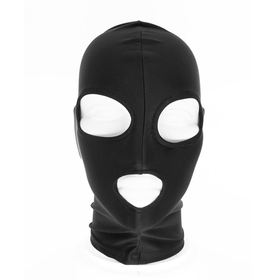 The Spandex Hood With Open Mouth And Eyes is displayed on a mannequin shown from the front against a blank background.