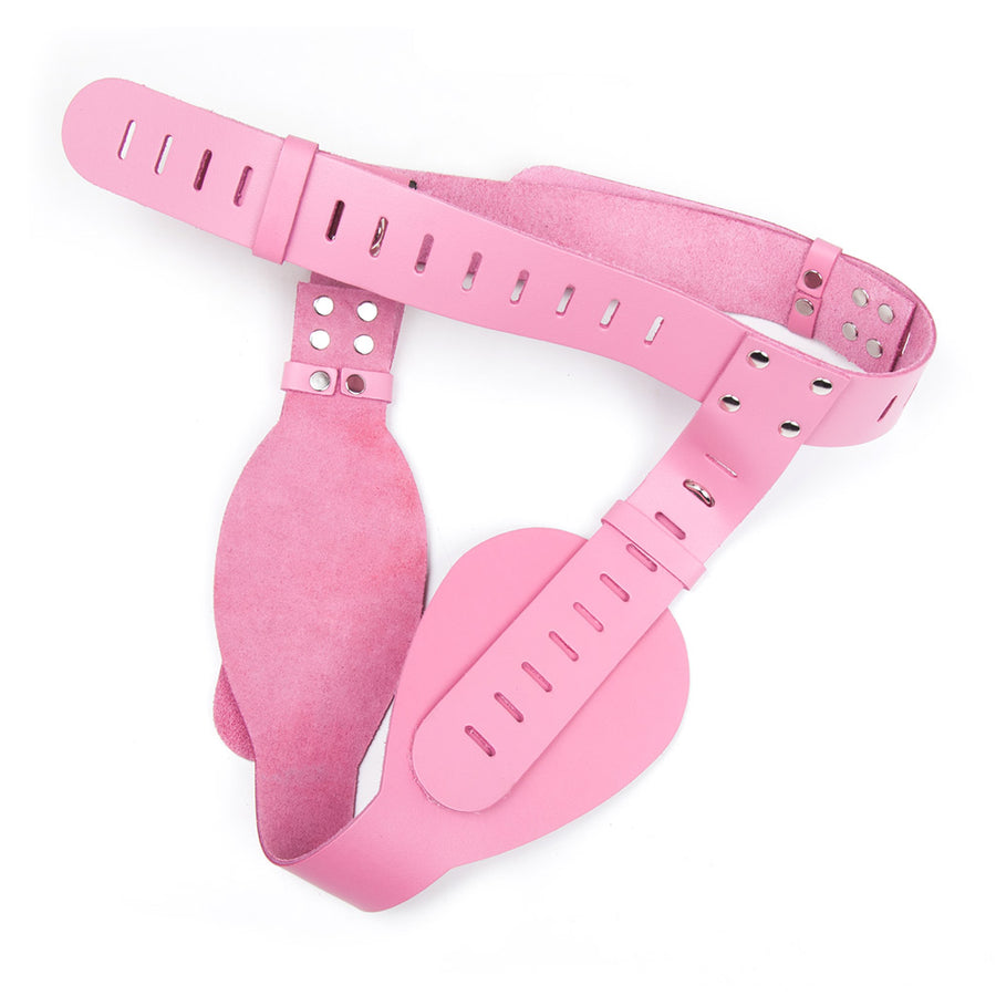 The Deluxe Female Chastity Belt in Pink Leather is shown against a blank background.