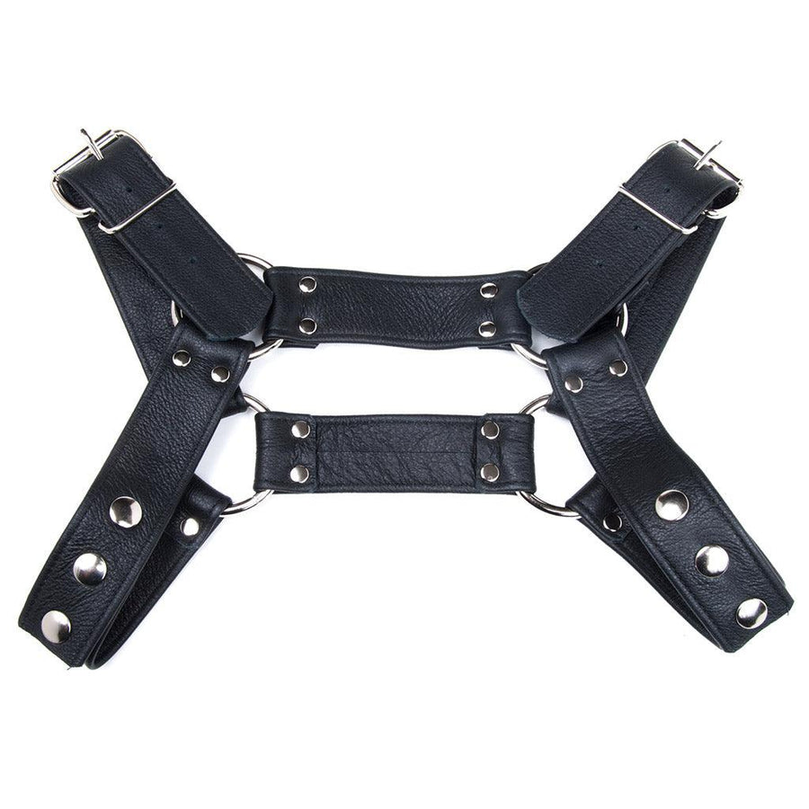 The Bruiser Bulldog Leather Chest Harness is shown from the front against a blank background. It is symmetrical with a strap of leather that goes over the chest and back, along with shoulder and under arm straps. The hardware is metal.