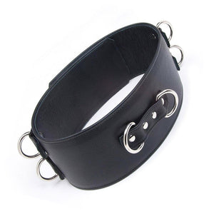 A black Premium Garment Leather BDSM Locking Waist Cuff is shown from the back against a blank background. The back of the cuff has two D-rings next to each other, centered in the middle of the cuff.