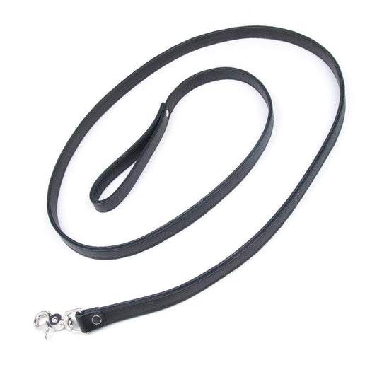The black Leather Leash is shown against a blank background. It is a thin strip of black leather with a wrist loop on one end and a snap hook on the other.