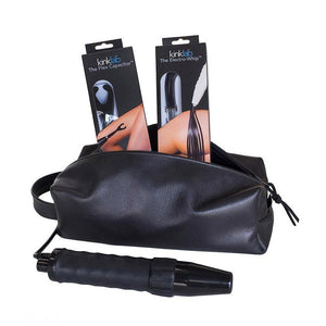 The contents of the Obsidian Neon Wand® Intensity Kit are shown against a blank background. There is a zip-up black leather case with two neon-wand attachments in their packaging sticking out of it. The black neon wand lies next to the case.