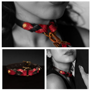 A collage shows one image of the Melanie Rose Designs x The Stockroom Collar against a black background, and two images showing half a woman’s face and neck, where she wears the collar. The images are in black and white except for the collar.