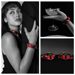 A collage of three images shows the Melanie Rose Designs x The Stockroom Wrist Cuffs against a blank background, a woman’s hand holding a cocktail glass with the wrist cuff on her wrist, and a woman wearing the wrist cuffs holding onto a person’s arm.