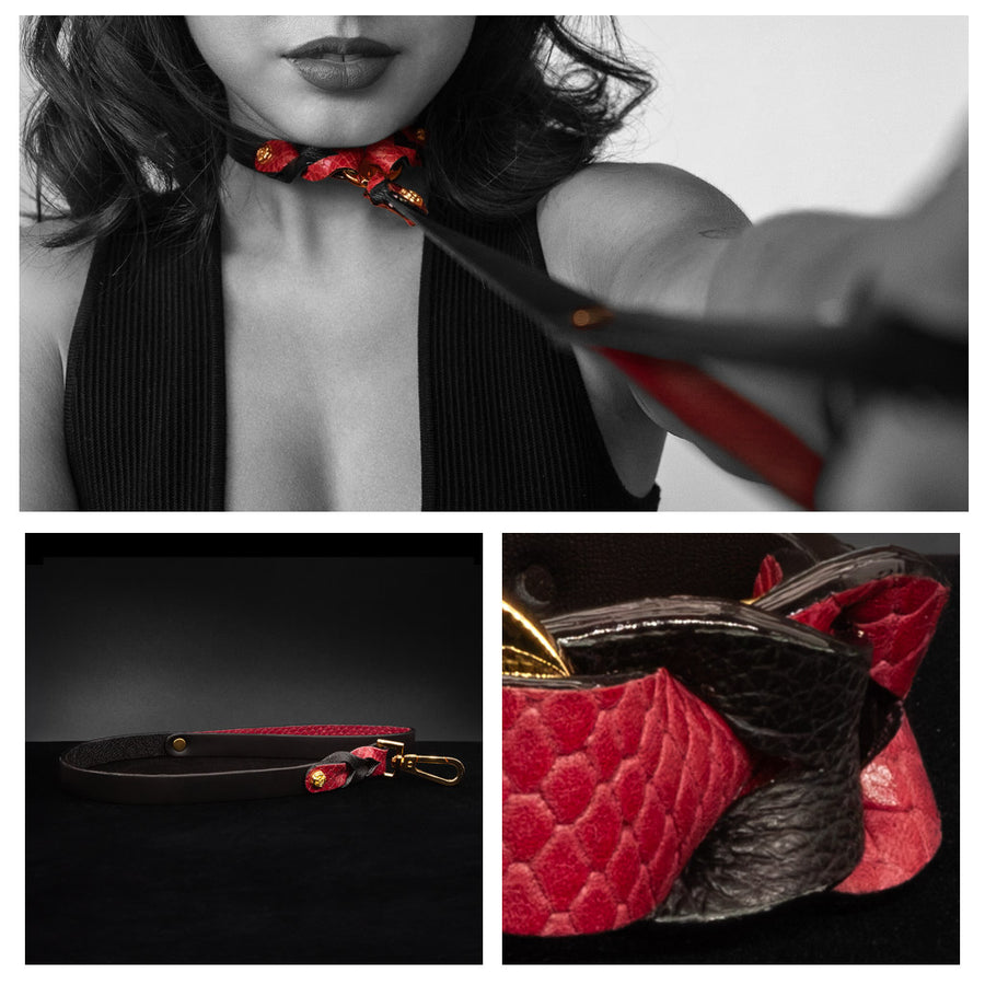 A collage of three images shows a woman holding out the Melanie Rose Designs x The Stockroom Leash that she is wearing, a photo of the leash against a blank background, and a close-up of the leash.