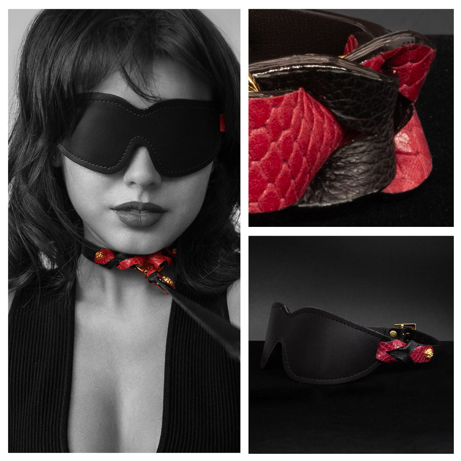 A collage of three images shows a woman wearing the Melanie Rose Designs x The Stockroom Blindfold and a matching collar, an image of the blindfold against a black background, and a close-up of the blindfold’s strap.