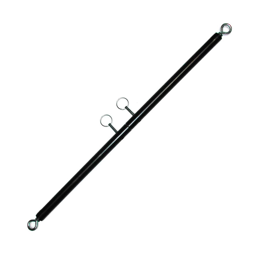 The black Kinklab Adjustable General Purpose Spreader is displayed against a blank background. It is a black metal rod with a silver eye bolt on each end. In the center of the bar are two removable pins.