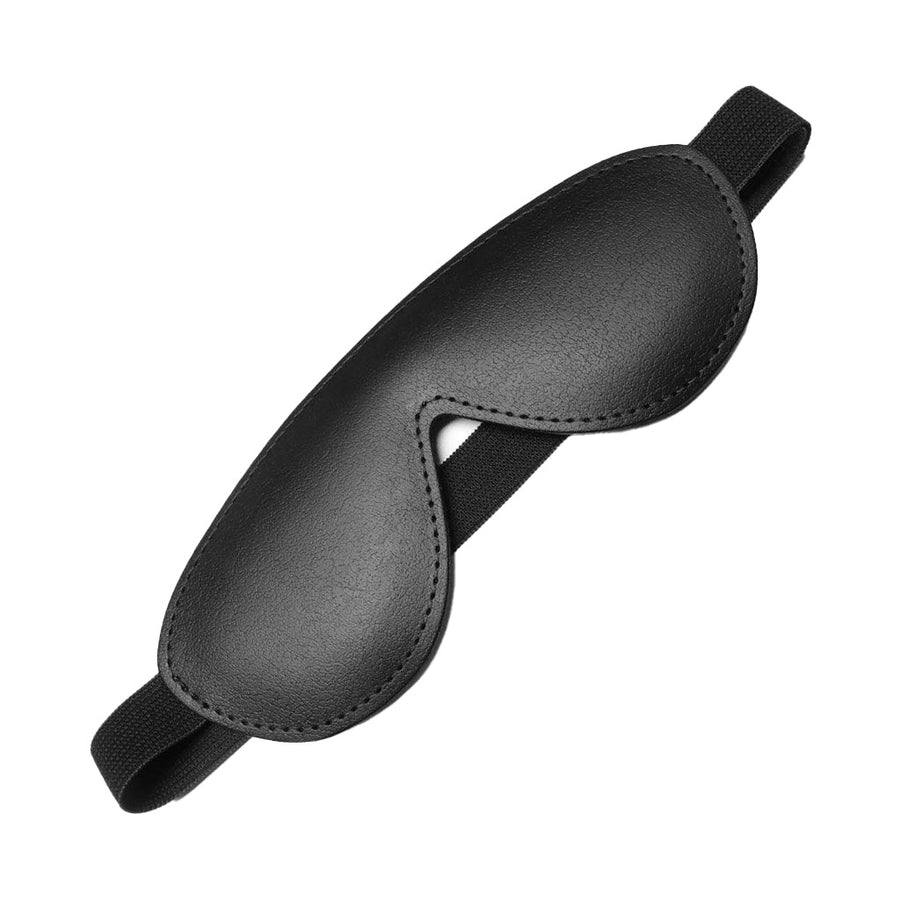 The black Kinklab Bondage Basics Padded Leather Blindfold is displayed against a blank background. The blindfold has a black elastic strap.