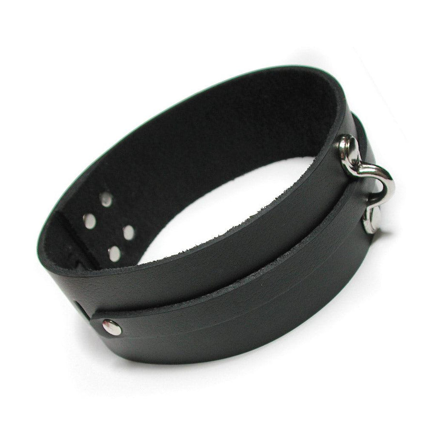 The KinkLab Bondage Basics Leather Collar is shown against a blank background. It is made of a wide piece of black leather with silver hardware. A thin leather strip runs along the middle of the collar and loops through a small D-ring.