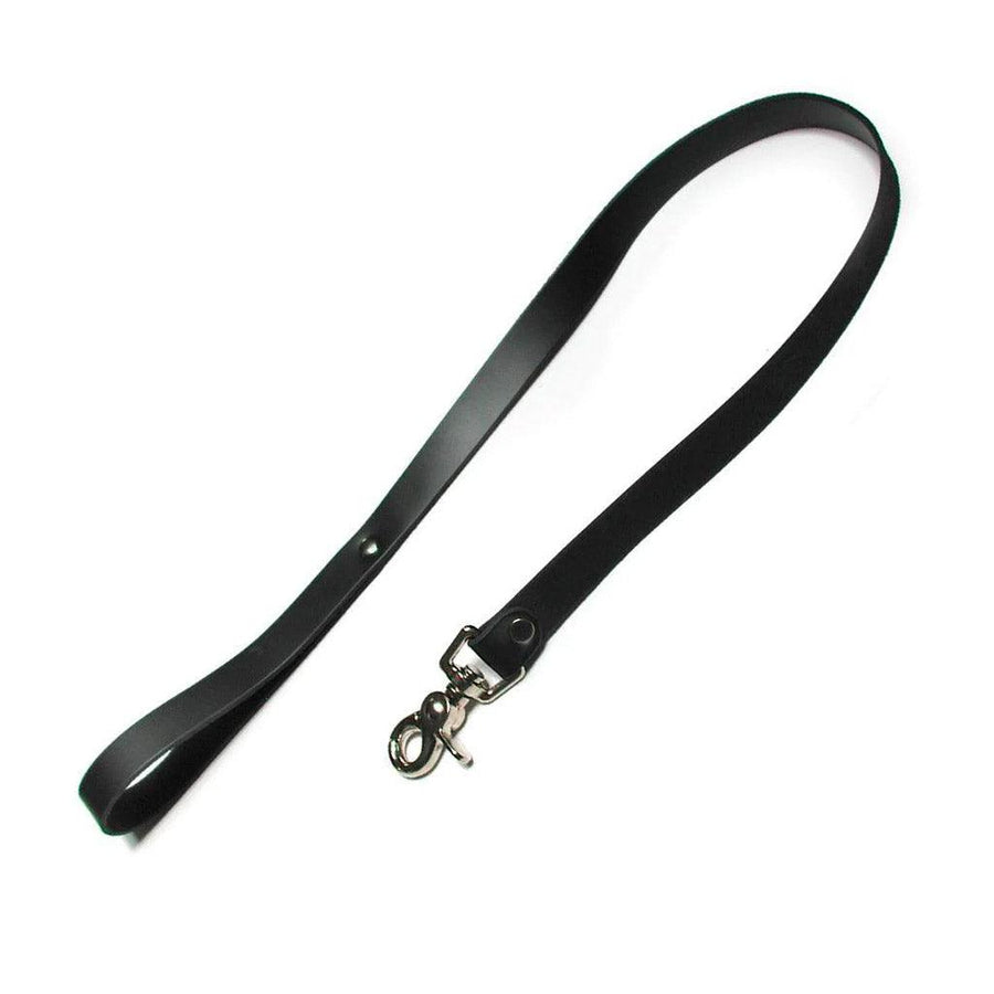 The Kinklab Bondage Basics Leather Leash is displayed against a blank background. It is made of a strip of black leather with a wrist loop at one end and a metal claw hook at the other.