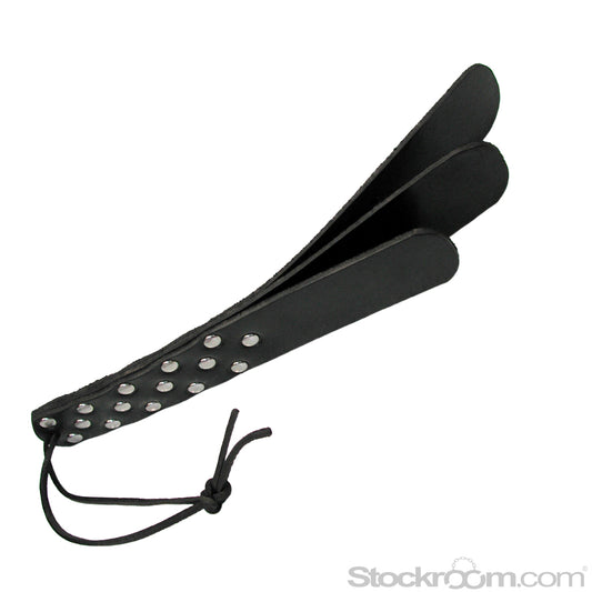 The Kinklab Triple Leather Slapper is displayed against a blank background. It is made of three pieces of black leather held together by metal rivets on the bottom half with a small wrist loop.